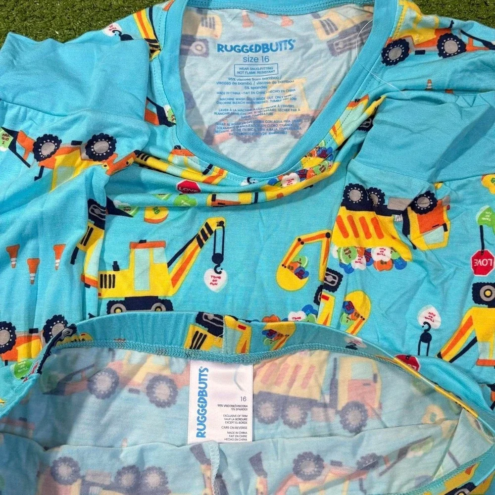 RuggedButts Kids Pajamas Size 16 Two Piece Under Construction Trucks‎ Bamboo